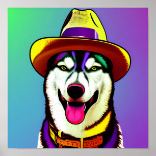 Affiche Peinture pop art d'un chien Husky portant un Casqu