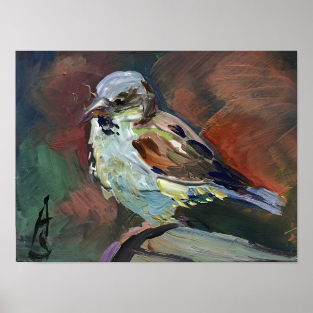 Affiche peinture réaliste, moineau (Devant)