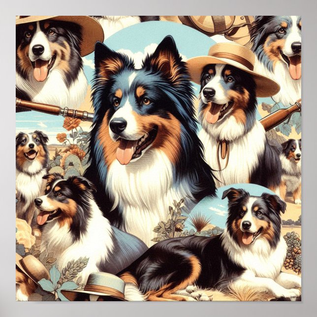 Affiche Peinture rétro Australian Shepherd sans couture (Devant)