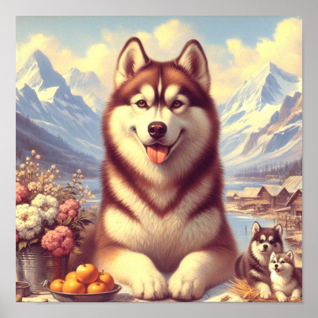 Affiche Peinture rétro Sibérienne Husky (Devant)