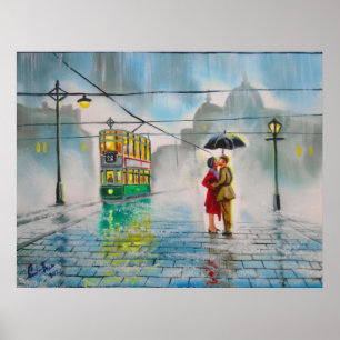 Affiche peinture romantique de tram de parapluie de