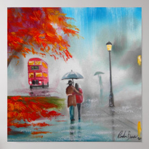 Affiche Peinture rouge de parapluie d'autobus d'automne de