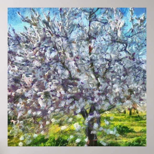 Affiche Peinture style art pointillé en fleurs d'amandiers (Devant)