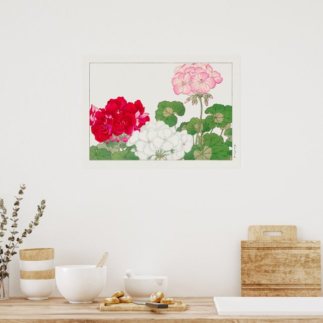 Affiche Peinture sur bois de fleur de géranium.  (Cuisine)