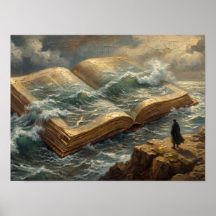 Affiche Peinture surréaliste d'un livre ouvert sur l'océan