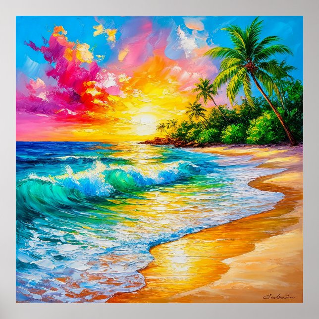 Affiche Peinture vibrante de coucher de soleil tropical av (Devant)