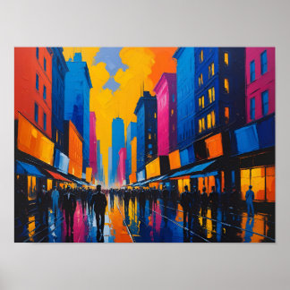 Affiche Peinture vibrante de rue de ville nocturne