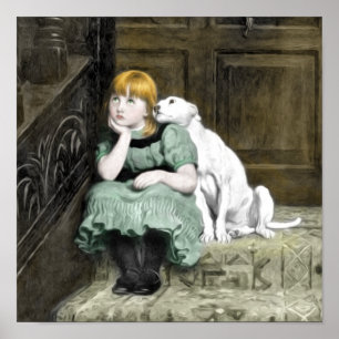 Affiche Peinture victorienne d'une fille adorant un chien