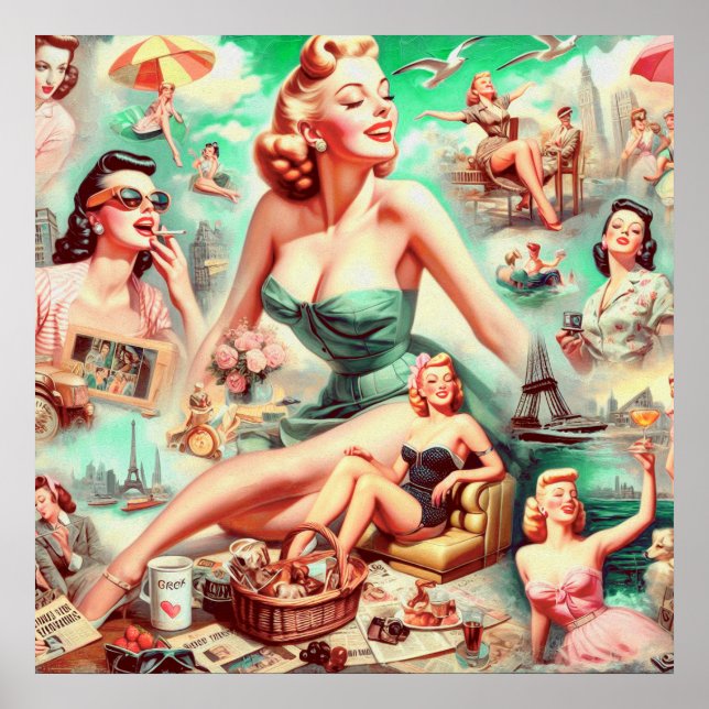 Affiche Peinture vintage à l'huile Collage Pin Up (Devant)