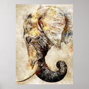 Affiche Peinture vintage aquarelle de la tête d'éléphant