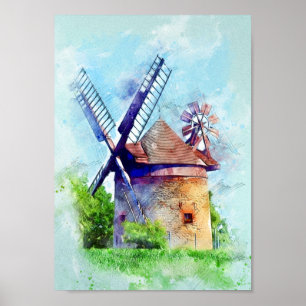 Affiche Peinture vintage d'aquarelle de moulin à vent