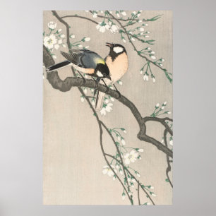 Affiche Peinture vintage de fleurs de cerisier et d'oiseau