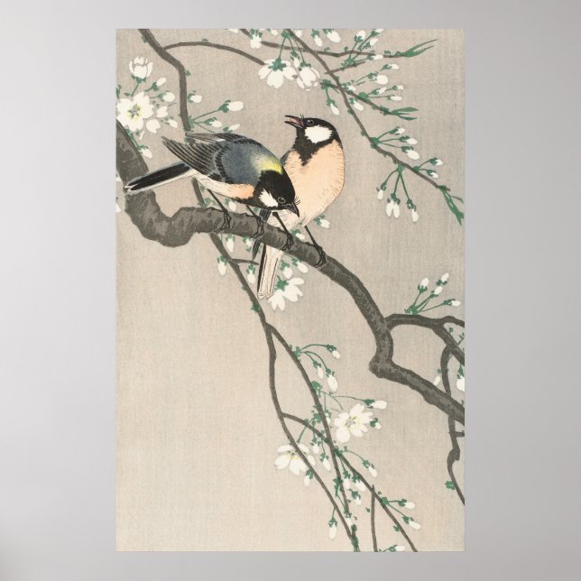 Affiche Peinture vintage de fleurs de cerisier et d'oiseau (Devant)