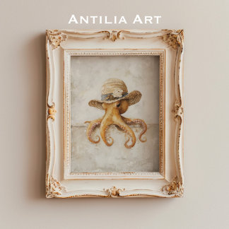 Affiche Peinture vintage de pieuvre Mollusque Whimsical Ru