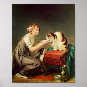 Affiche Peinture vintage d'une jolie fille et d'un gros ch
