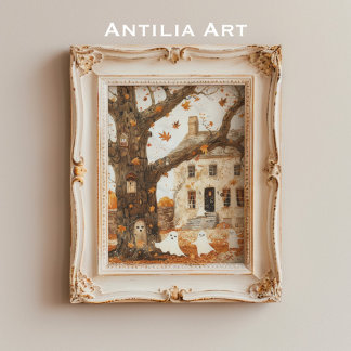 Affiche Peinture vintage Hantée Maison Fantômes lunaires