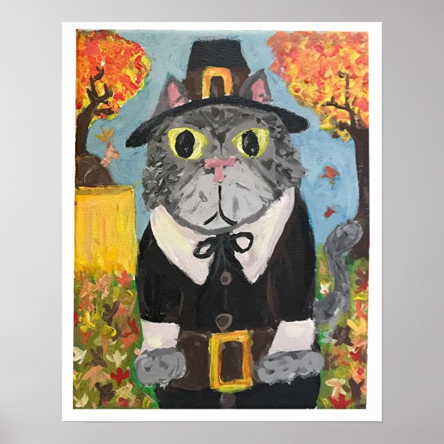 Affiche Pèlerin Chat Folk Art Thanksgiving Chat Peinture d (Devant)