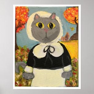 Affiche Pèlerin Chat Thanksgiving Girl Peinture Art popula
