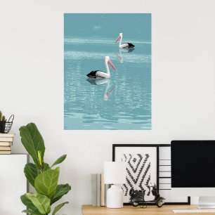 Affiche Pelican Couple Paddle sur Calm Aqua Water