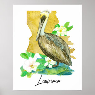 Affiche Pélican de Louisiane Forme de l'État Fleur de Magn