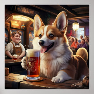 Affiche Pembroke Corgi Boire une bière au pub
