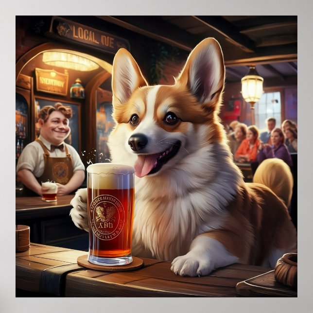 Affiche Pembroke Corgi Boire une bière au pub (Devant)