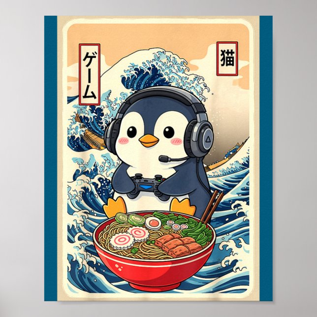 Affiche Penguin Kawaii Japanese Ramen Noodle Retro Gaming  (Devant)