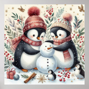 Affiche Penguins Construisant Un Snowman