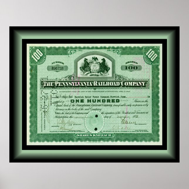 Affiche Pennsylvania Railroad Company ~ Certificat Stock (Devant)