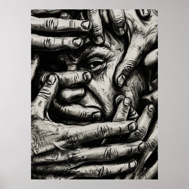 Affiche Pensées Prisonnières – Mains au Fusain Noir et Bla (Devant)