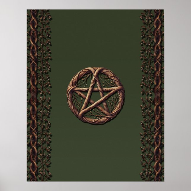 Affiche Pentacle de brindille de bois vert olive Wiccan (Devant)