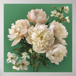 Affiche Peonies Blanches Avec Fleurs De Printemps Sur Vert