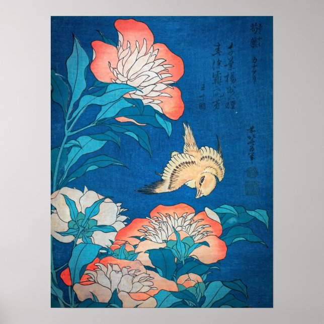 Affiche Peonies et Canaries par Hokusai (Devant)