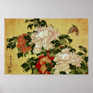 Affiche Peonies et papillons Hokusai Art japonais