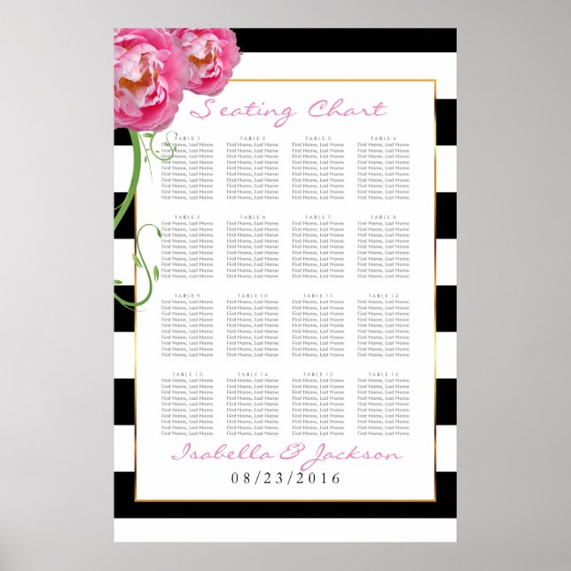 Affiche Peonies Fleurs sur noir et blanc -16 Seating Chart (Devant)