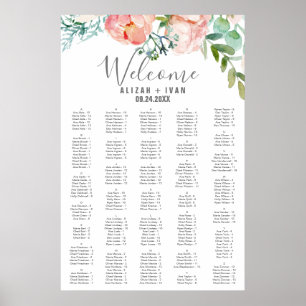 Affiche Peonies romantiques Grande carte de siège alphabét