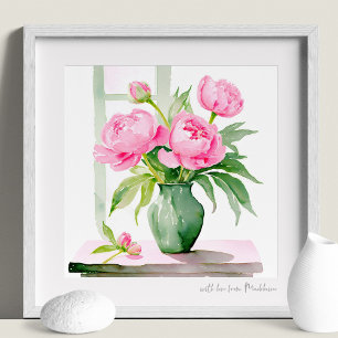 Affiche Peonies roses Aquarelle Vase vert Imprimer