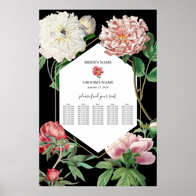 Affiche Peonies roses Fleurs Mariage Black Seating Chart (Devant)