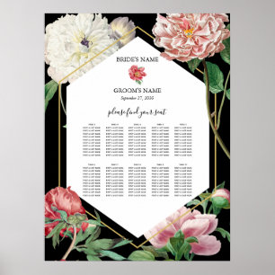 Affiche Peonies roses Fleurs Mariage Black Seating Chart