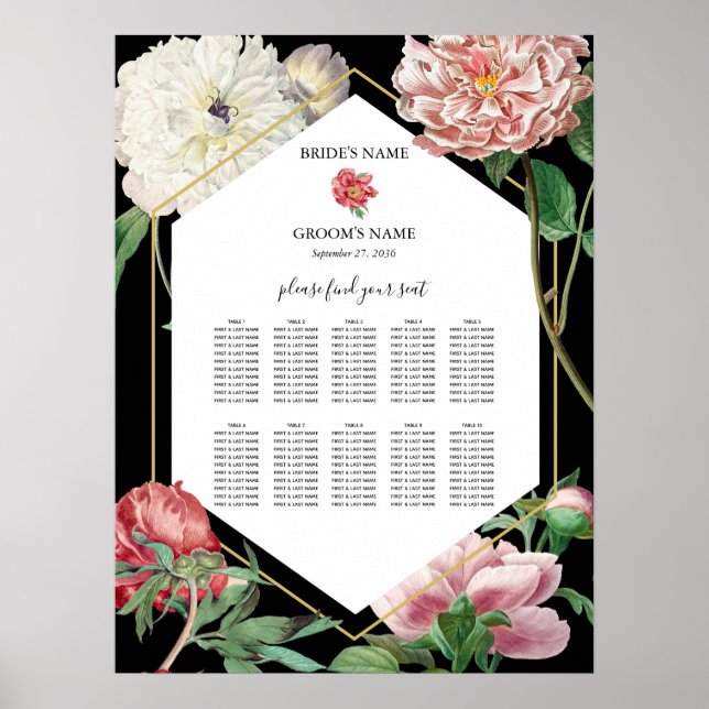 Affiche Peonies roses Fleurs Mariage Black Seating Chart (Devant)