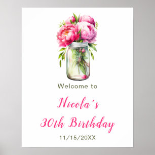 Affiche Peonies roses Mason Jar Bienvenue