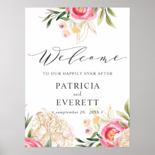 Affiche Peony or fleurs Boho Mariage Bienvenue