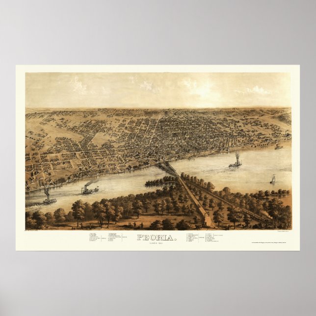 Affiche Peoria, IL Carte panoramique - 1867 (Devant)