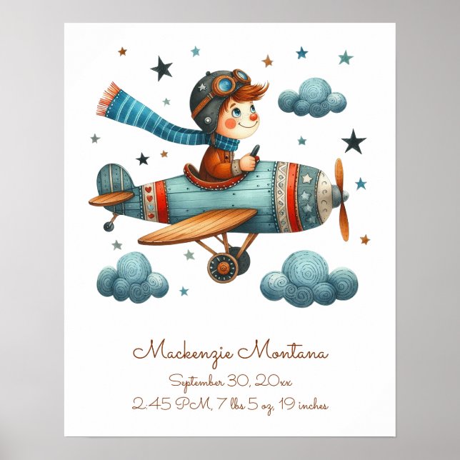 Affiche Pépinière Cute personnalisée Art Avion volant enfa (Devant)