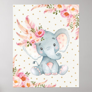 Affiche Pépinière d'éléphant rose Floral Art Boho Décor Fl