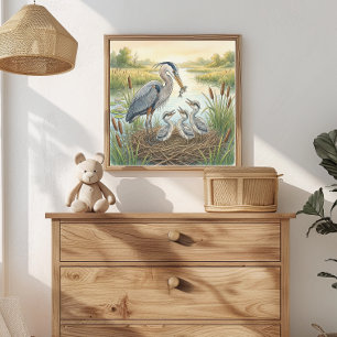 Affiche Pépinière Maman Héron et les poussins