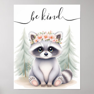 Affiche Pépinière Whimsical Aquarelle Bébé Raccoon Bois