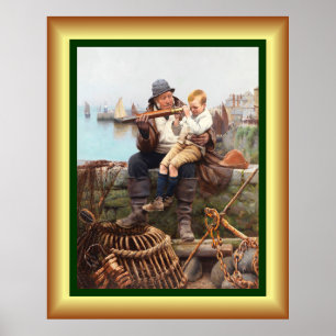 Affiche Père et Fils assis sur le mur de la mer avec téles