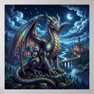 Affiche Père et fils dragons célestes éclairés par la lune