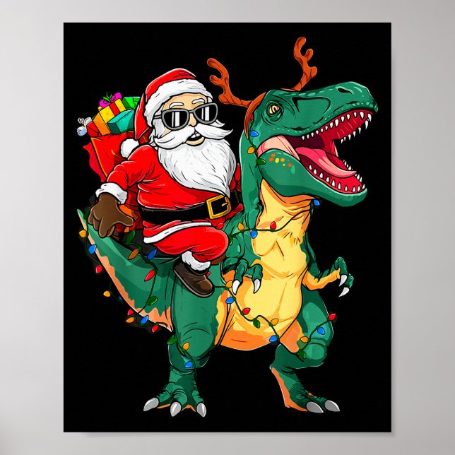 Affiche Père Noël à cheval sur un dinosaure T Rex Noël drô (Devant)